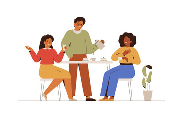 Colleagues discuss business or news at coffee break in office.Happy Man and women talking on the kitchen.Friends drink coffee and eating cake at home. Friendship and work communication concept. Vector - 662793884