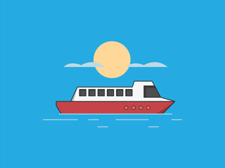 minimalist illustration of ship in the sea with clouds and sun vector 