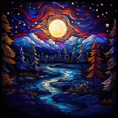 Winter night landscape in stained glass style