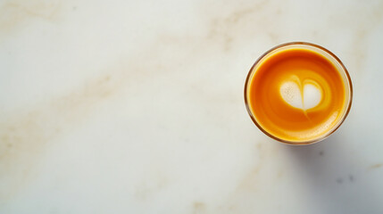 A minimalist setup of an espresso shot, highlighting the coffee's rich crema, placed on a sleek marble counter with copy space.