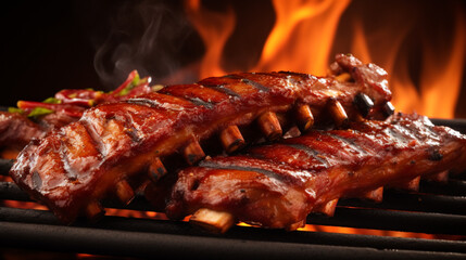 BBQ grill loaded with marinated ribs, with flames lightly licking the meat and smoke wafting upwards.