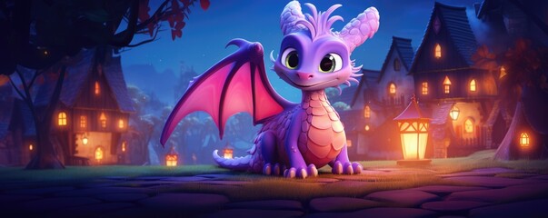 Fototapeta premium A beautiful cute purple magic dragon with big kind eyes sits against the backdrop of a fairy forest. A wonderful and sweet character.