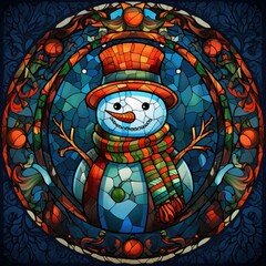 Cute snowman postcard in stained glass style