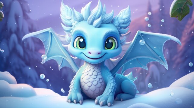 A cute, pleasant, beautiful dragon sits in the snow. Against the backdrop of a frosty winter forest.