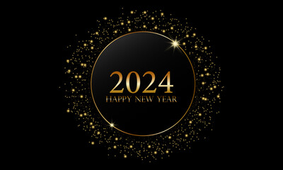 Shiny golden frame 2024 New Year. Modern luxury black shape and gold glitter gold ring on dark background. Golden circle abstract background. Vector EPS 10