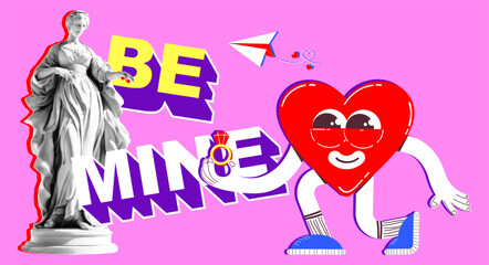 Statue with a halftone effect in a retro collage style with vector graphic elements. Happy Valentine's Day. Banner vector illustration in flat style.