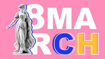 Fototapeta na wymiar Banner for March 8th in retro collage style. Vector illustration of a woman statue with halftone effect. March 8 concept.