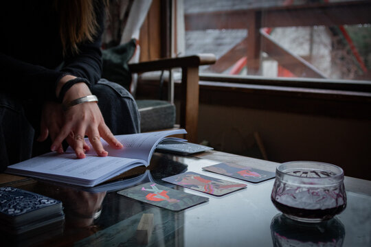 Closeup of a tarot reader work