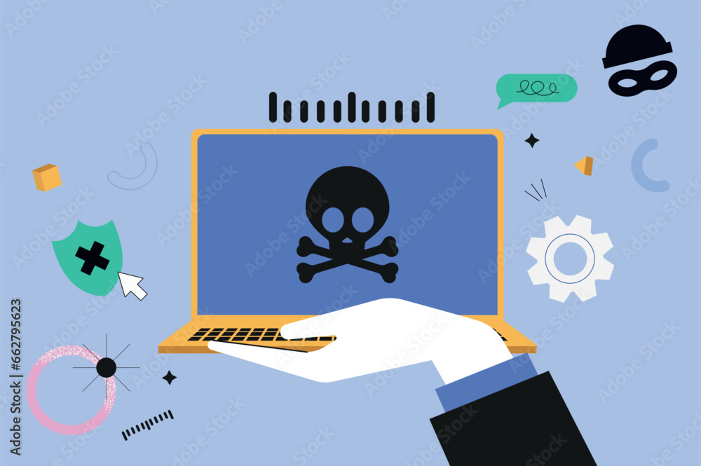 Poster hacker attack hands concept in the flat cartoon style. hacking a laptop, which is the central object
