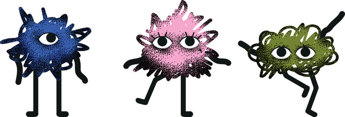 A set of various bright shapes with faces, arms and legs. Various forms.