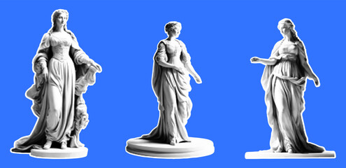 Set of statues of women in retro collage style of the Renaissance. Vector illustration with halftone effect. Set of stickers in vintage style.