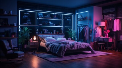 Modern Bedroom Interior At Night With Neon Light. Messy Bed, Clothes In Closet, Armchairs And Floor Lamp