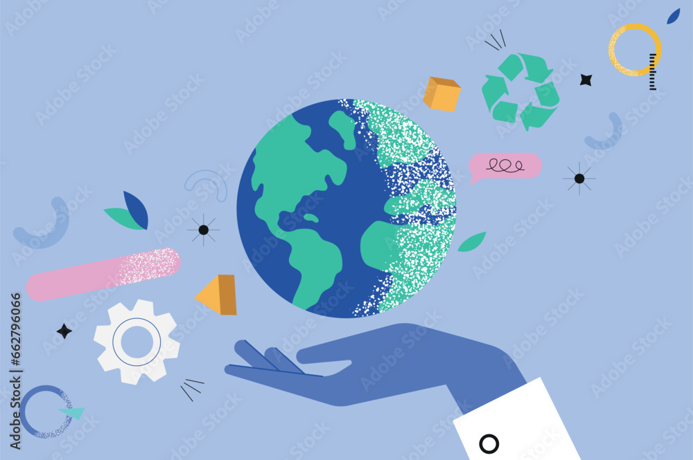 Poster save the planet hands concept in the flat cartoon style. the main idea of the picture is to save the