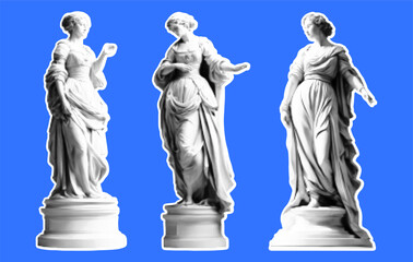 Set of statues of women in retro collage style of the Renaissance. Vector illustration with halftone effect. Set of stickers in vintage style.