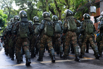 Army police soldiers parade during a tribute to Brazilian Independence Day in the city of Salvador,...