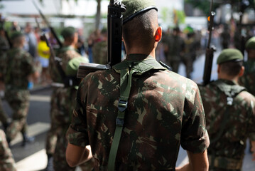 Army soldiers are seen parading during a tribute to Brazilian Independence Day in the city of...