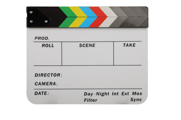 Film slate or Flying clapperboard, isolated on transparent background, Movie industry, detailed text - obrazy, fototapety, plakaty