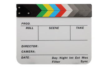 Film slate or Flying clapperboard, isolated on transparent background, Movie industry, detailed text