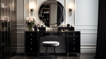 A chic black vanity table with a Hollywood-style mirror and silver hardware