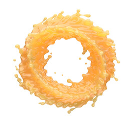 Freshly squeezed orange juice in a round splash form. Juicy citrus, mango smoothie, pineapple, peach vitamin drink splash in vivid detail, perfect for advertising, promotion. Isolated 3D studio shot.
