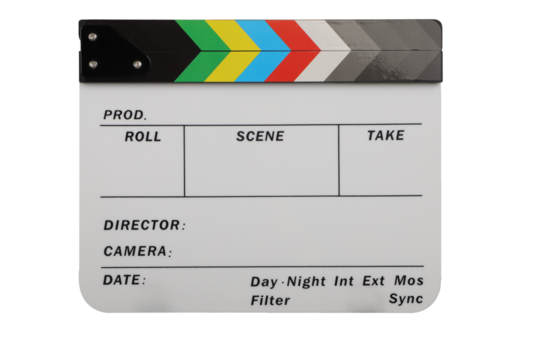 Film slate or Flying clapperboard, isolated on transparent background, Movie industry, detailed text