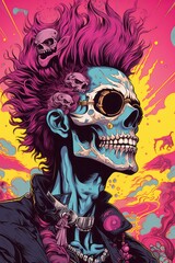 Illustration of a colorful human skull. Generative Ai Illustration