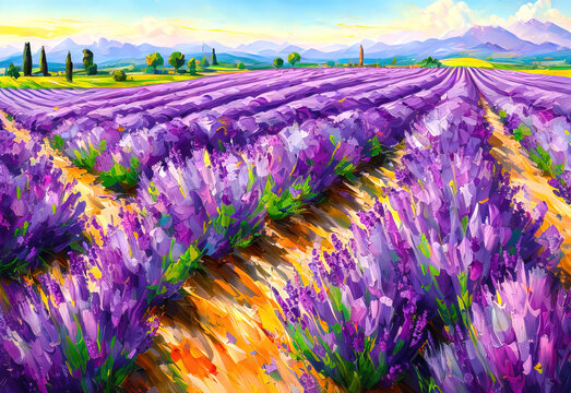 Lavender fields summer landscape in Provence oil painting on canvas.