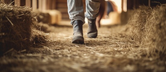 Farmer s legs seen working with hay at the animal barn With copyspace for text