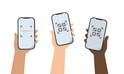 Cashless payment for online shopping. Diverse hand with smartphone scans QR code. Vector illustration