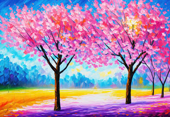 Spring landscape with blooming cherry trees, sakura tree, stylized oil on canvas, forest in sunny day.