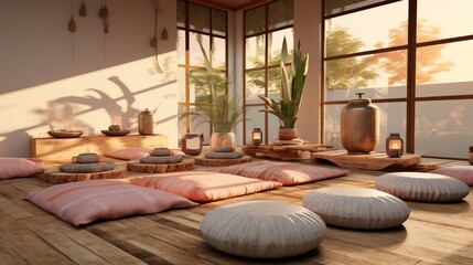 The calming palette of a meditation room with floor cushions