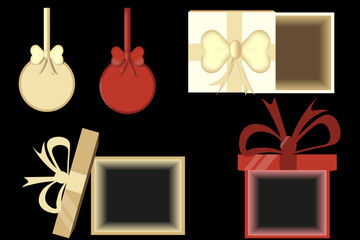 Set with blank gift box, round sign hanging. Christmas mock up present symbol with space for text.  Xmas elements isolated black background. Vector illustration.
