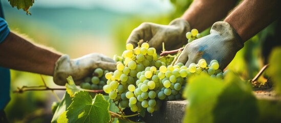 Italian vineyard worker cutting white grapes from vines With copyspace for text