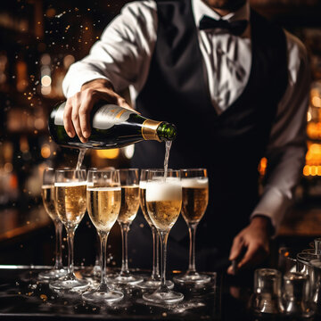 Bartender pouring champagne into glasses at bar counter. Blurred background