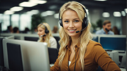 Happy beautiful blonde russian customer service woman wearing headset working on computer thumbs up for camera in call center office