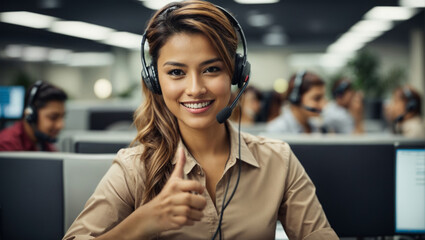 Happy beautiful blonde russian customer service woman wearing headset working on computer thumbs up for camera in call center office - obrazy, fototapety, plakaty