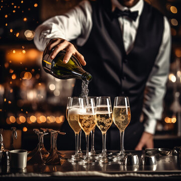 Bartender pouring champagne into glasses at bar counter. Blurred background