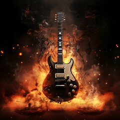 An electric guitar engulfed in flames, the fire creating a chaotic, dazzling display of reds and yellow. 