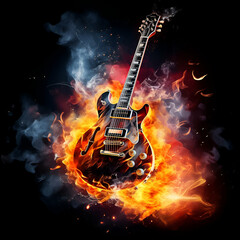 An electric guitar engulfed in flames, its strings melting, creating a fiery spectacle. The inferno dances with vibrant reds and oranges, casting an intense glow.