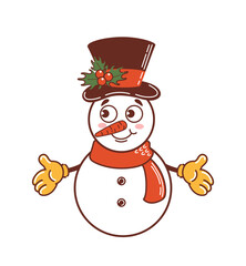 Snowman in a scarf and hat. Cute Christmas character in old retro cartoon style. Holly leaves and berries. Vintage holiday illustration for sticker, poster, design elements