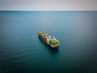 A loaded container ship in the sea, aerial view, concept of international trade and shipping