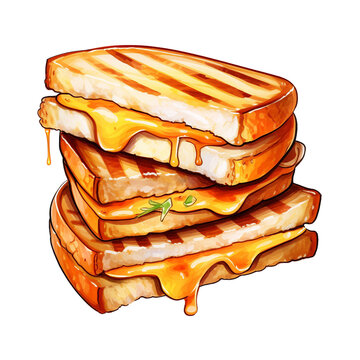 Grilled Cheese Sandwich Watercolor Illustration on Transparent Background