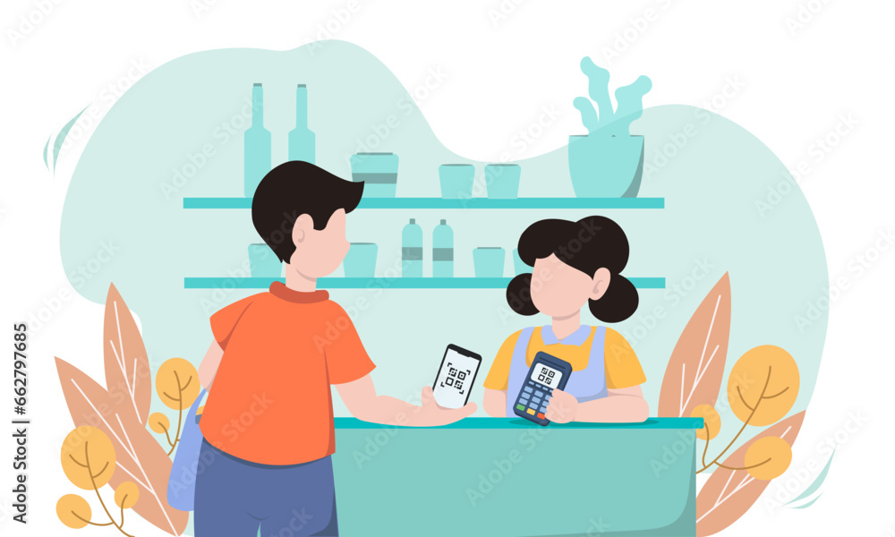 Poster customer use mobile cashless payment system or scan qr code. characters using digital banking servic