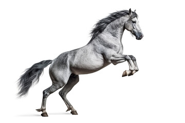 Beautiful gray horse rearing on white background