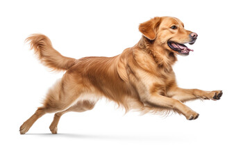 Golden Retriever dog running and jumping isolated on white background. - obrazy, fototapety, plakaty