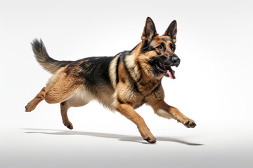 k9 or german shepherd police dog running isolated on white background. Guardian dog. - obrazy, fototapety, plakaty