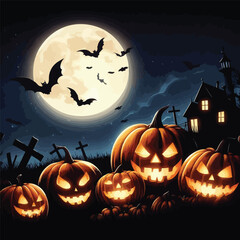 Halloween pumpkins under the moonlight vector art