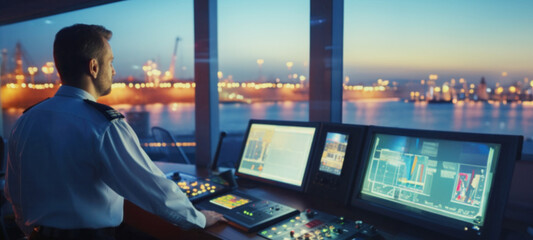 Captain in control of the cruise, Navigation officer on watch during cargo operations, security control room, VHF radio, Commercial shipping, Cargo ship, Large cruise shipcabins, blurred Image - obrazy, fototapety, plakaty