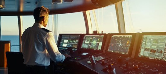 Captain in control of the cruise, Navigation officer on watch during cargo operations, security control room, VHF radio, Commercial shipping, Cargo ship, Large cruise shipcabins, blurred Image - obrazy, fototapety, plakaty