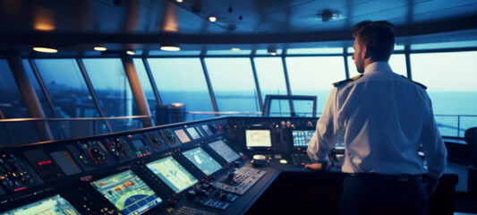 Captain in control of the cruise, Navigation officer on watch during cargo operations, security control room, VHF radio, Commercial shipping, Cargo ship, Large cruise shipcabins, blurred Image - obrazy, fototapety, plakaty